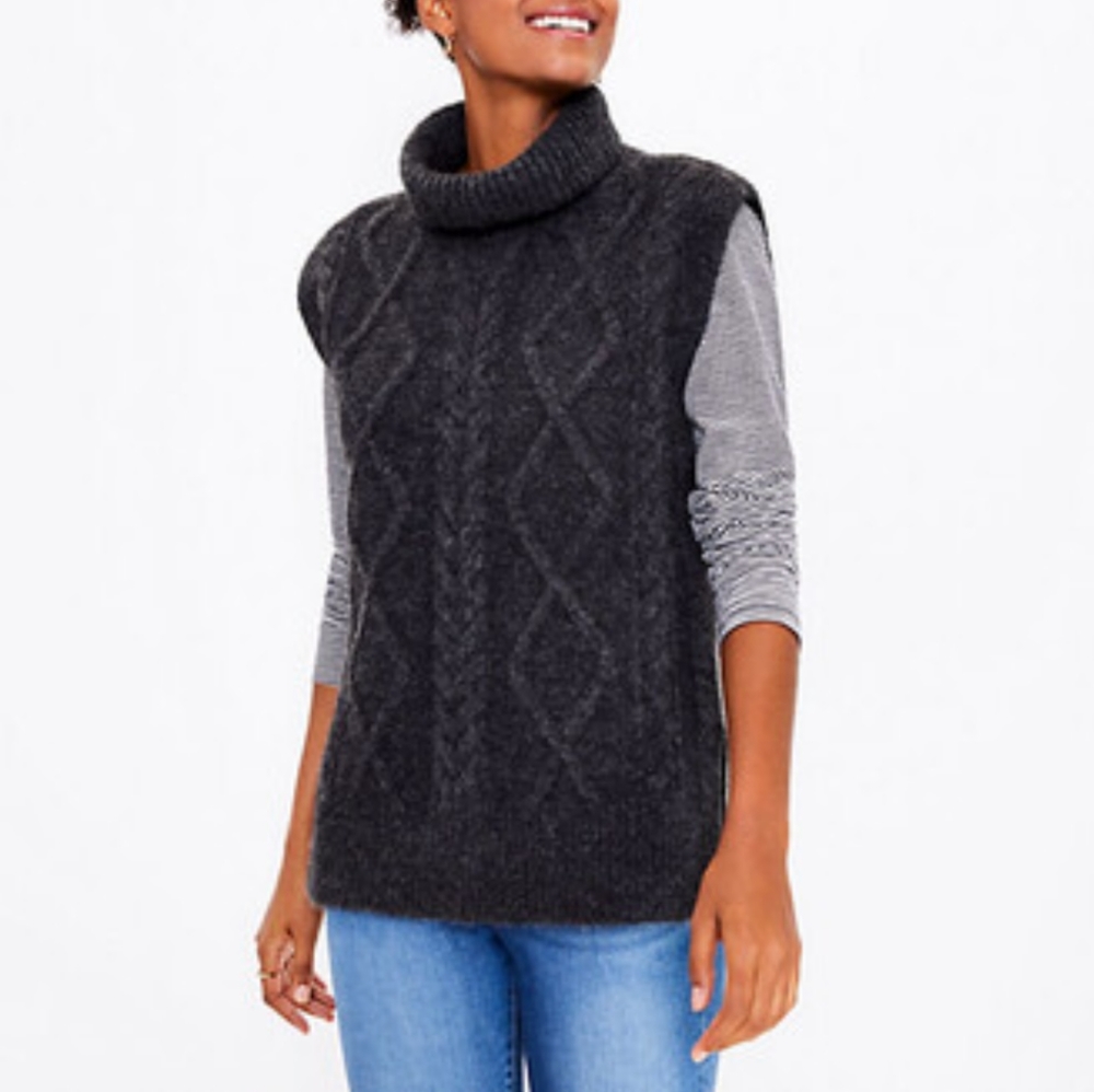 Loft Cable Knit Turtleneck Sweater Vest SZ.Med.Gray